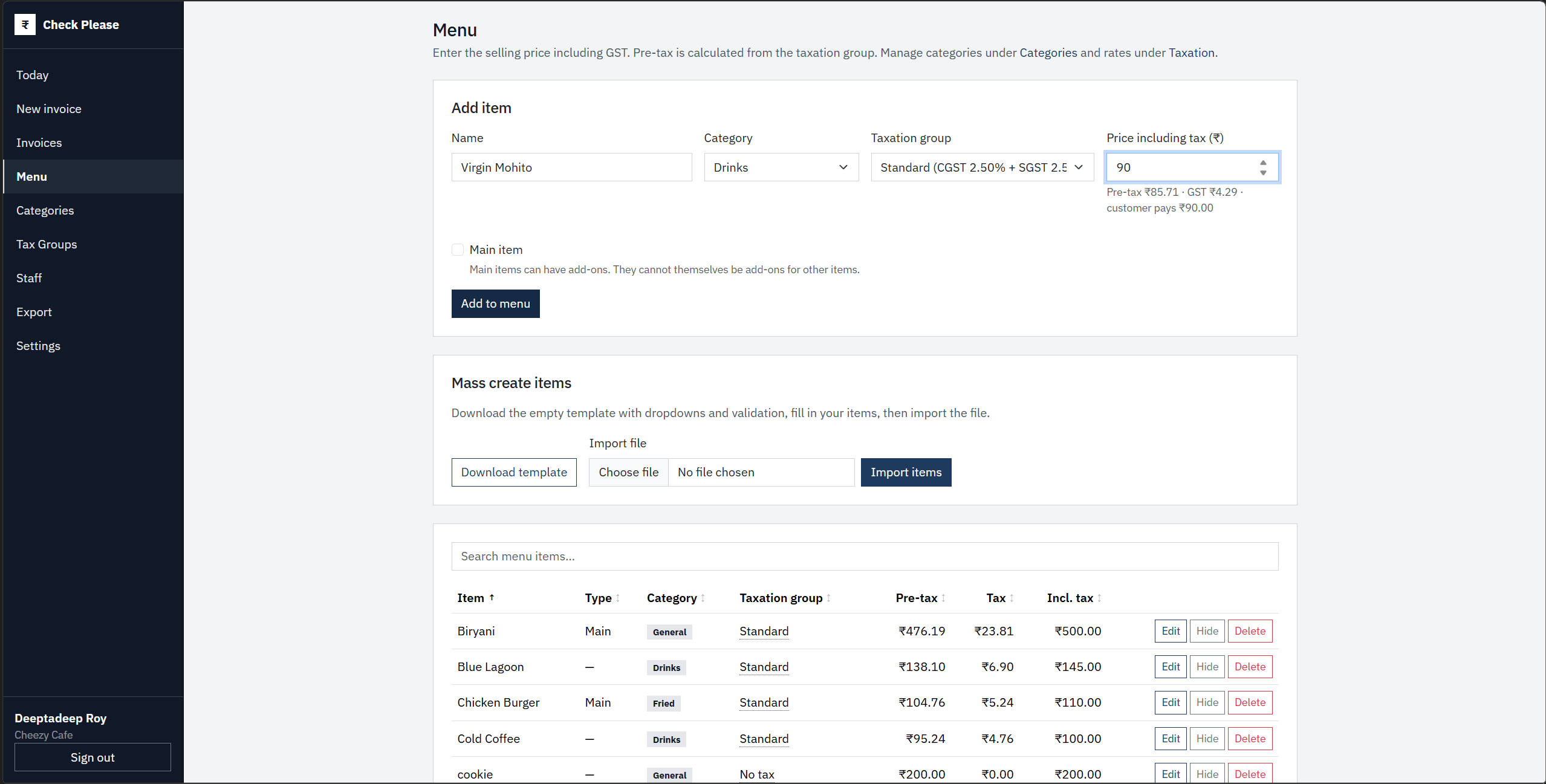 Check Please! Menu Items Creation and Auto GST Setup