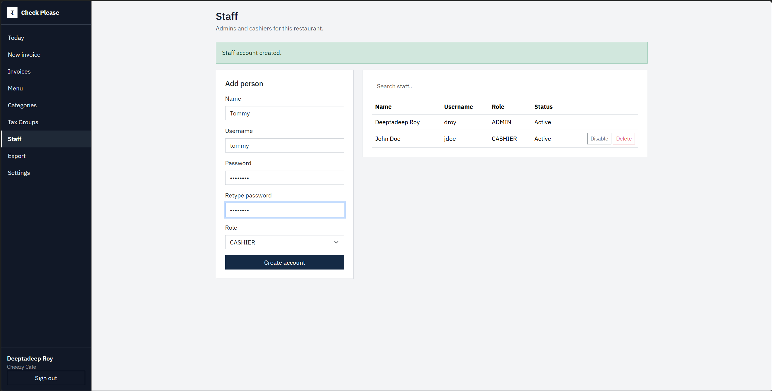 Check Please! Staff Logins, Roles, and Permissions