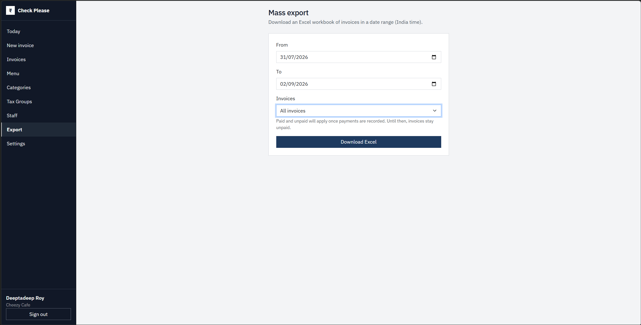 Check Please! Excel Sales Export and Tax Filing Reports